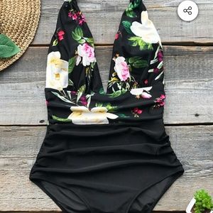 Black floral bathing suit